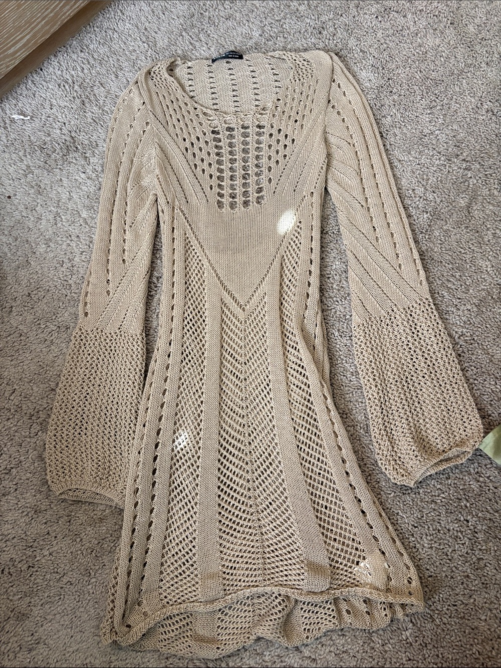 Open Knit Long Sleeve Tunic Sweater Dress - Beige